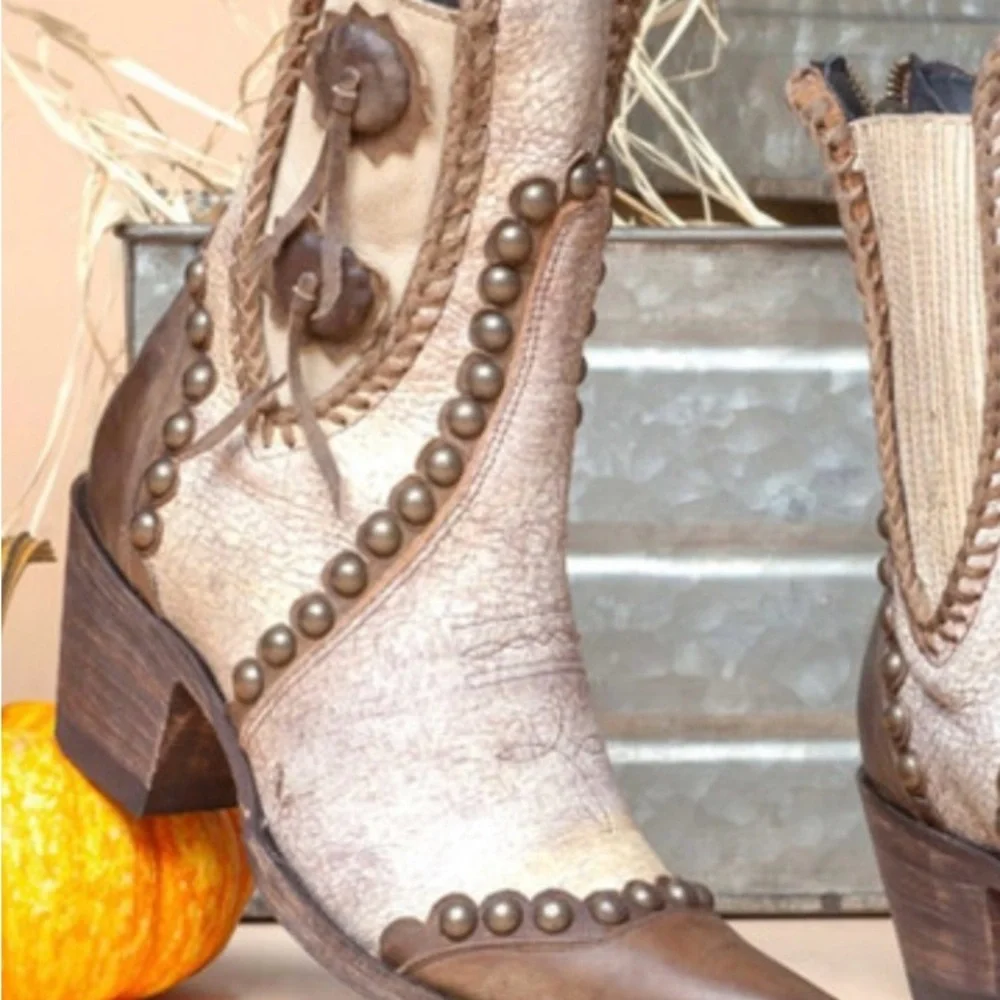 Double D Ranch Old Gringo ~ Size 10 ~ White & Brown Studded Ankle Boots ~ New - Picture 5 of 16